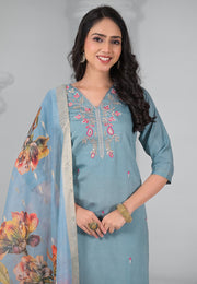 Sky Blue Chanderi Readymade Pant Style Suit