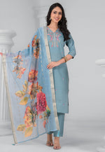 Load image into Gallery viewer, Sky Blue Chanderi Readymade Pant Style Suit
