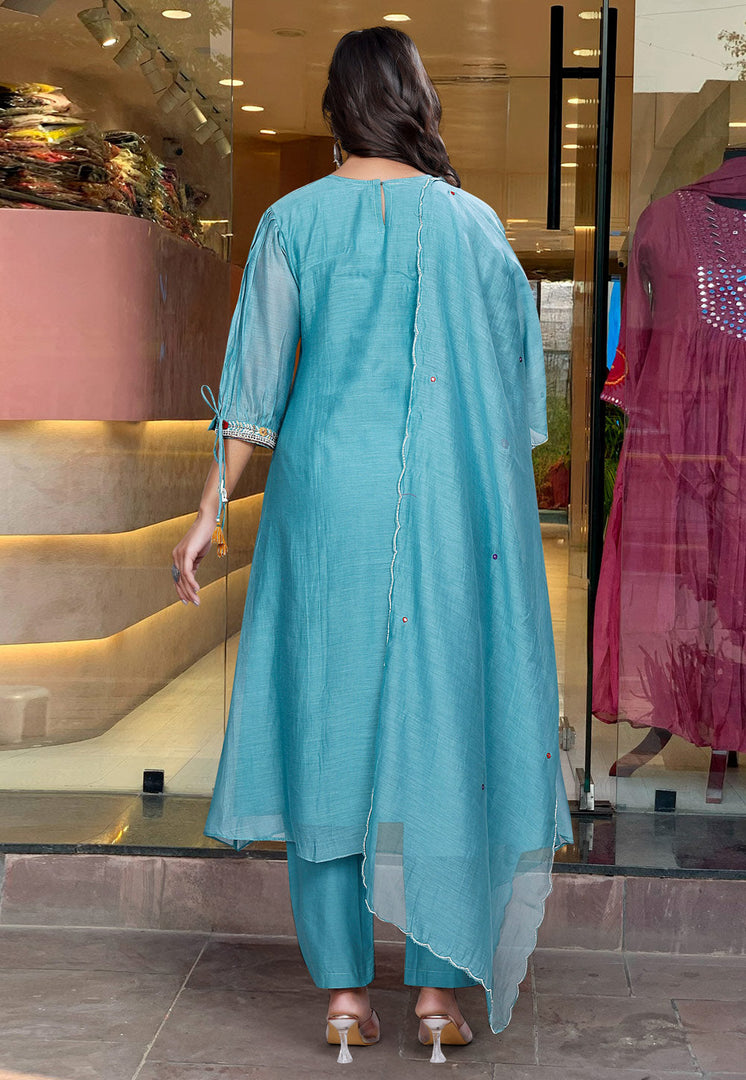 Sky Blue Chanderi Silk Readymade Pant Style Suit