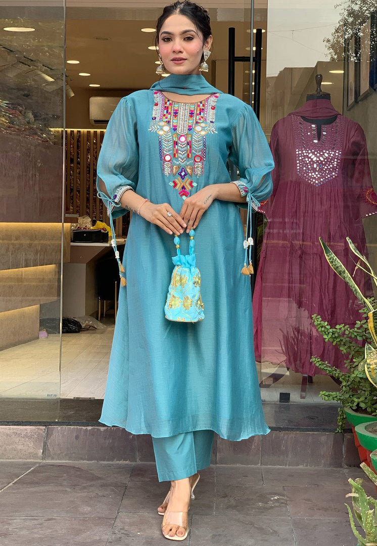 Sky Blue Chanderi Silk Readymade Pant Style Suit