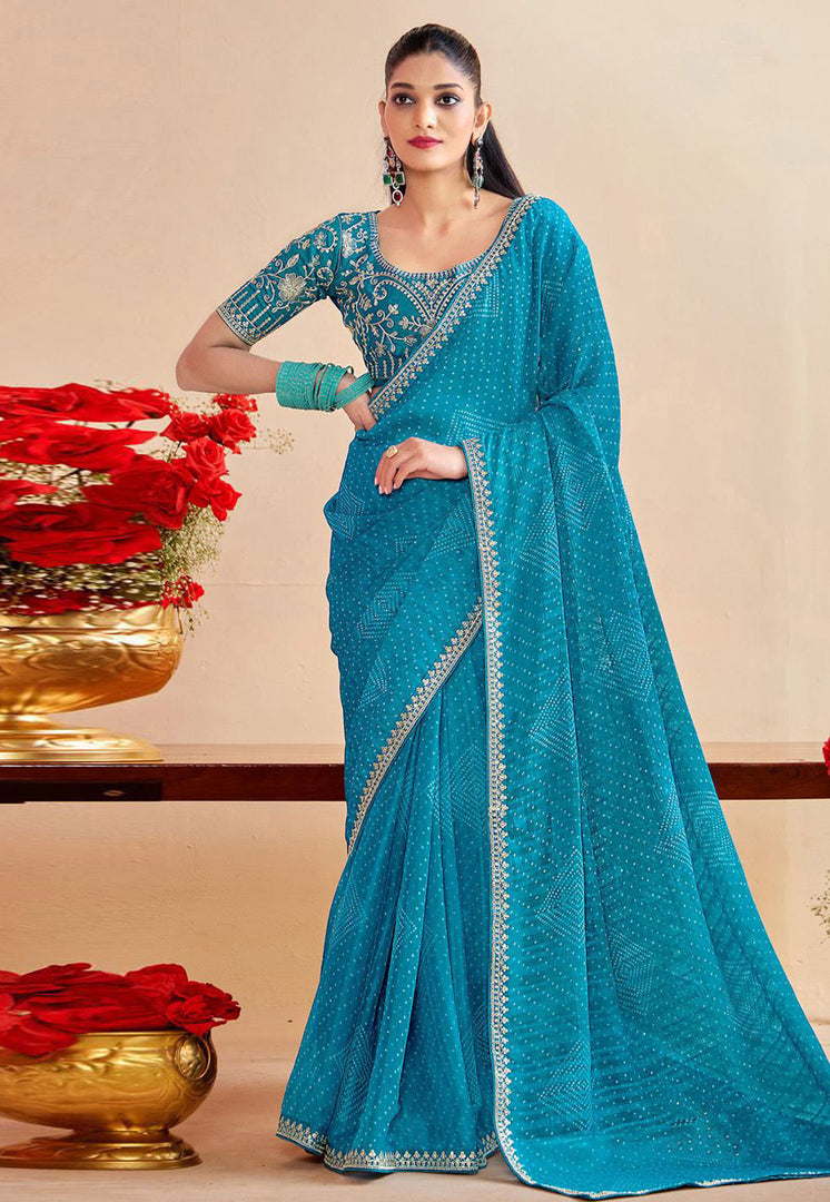 Sky Blue Chiffon Saree With Blouse