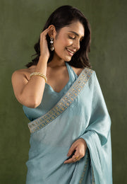 Sky Blue Chiffon Saree With Blouse