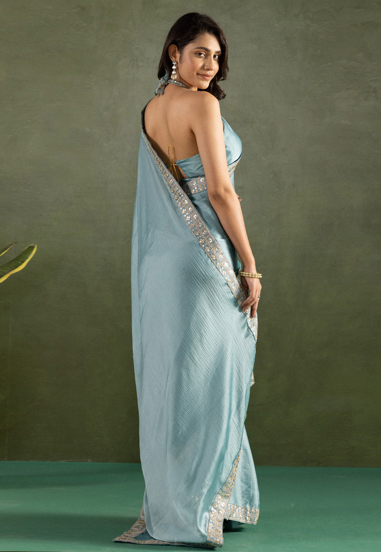 Sky Blue Chiffon Saree With Blouse