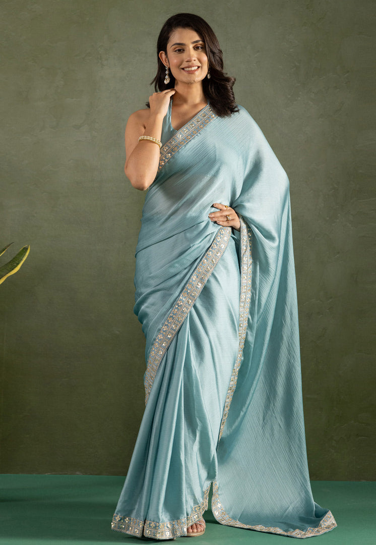 Sky Blue Chiffon Saree With Blouse