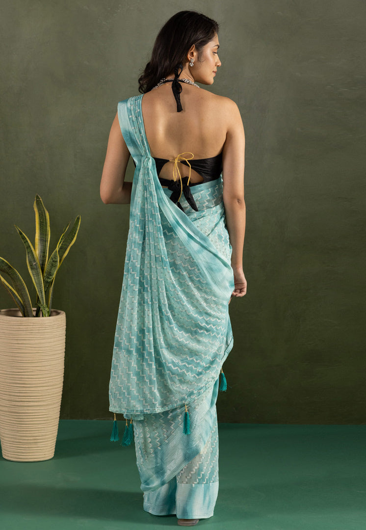 Sky Blue Chiffon Saree With Blouse
