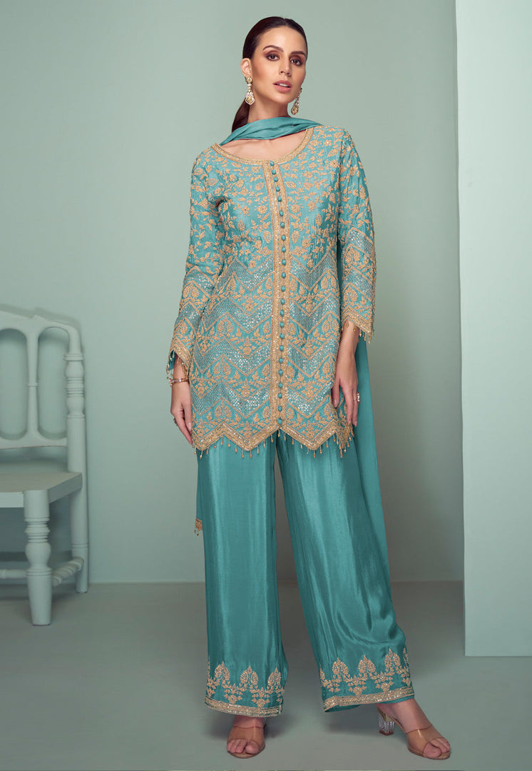 Sky Blue Chinon Embroidered Pakistani Suit