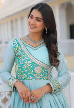 Load image into Gallery viewer, Sky Blue Chinon Readymade Anarkali Suit
