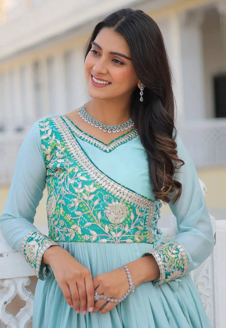 Sky Blue Chinon Readymade Anarkali Suit