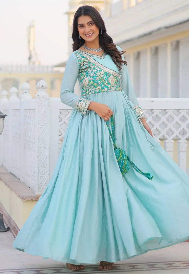 Sky Blue Chinon Readymade Anarkali Suit