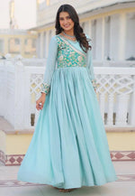 Load image into Gallery viewer, Sky Blue Chinon Readymade Anarkali Suit

