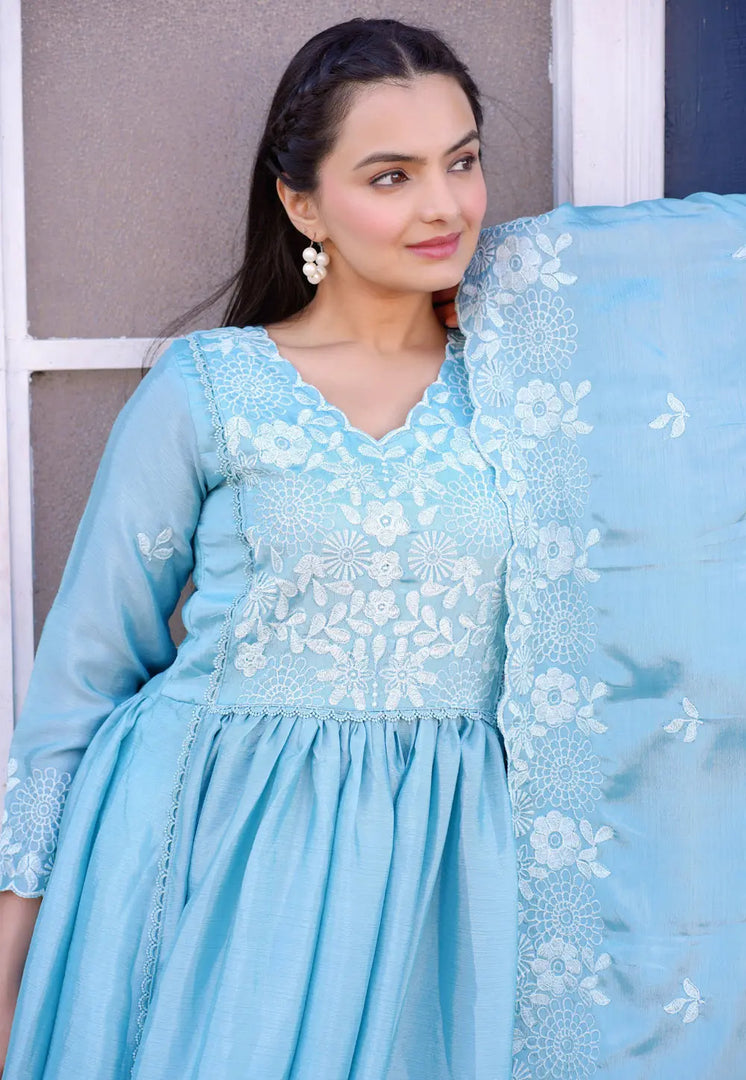 Sky Blue Chinon Readymade Anarkali Suit