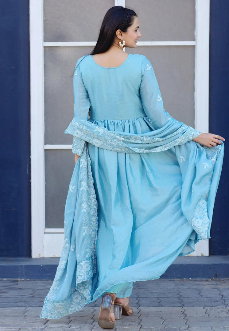 Sky Blue Chinon Readymade Anarkali Suit