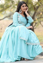 Load image into Gallery viewer, Sky Blue Chinon Readymade Long Anarkali Suit
