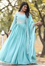 Load image into Gallery viewer, Sky Blue Chinon Readymade Long Anarkali Suit
