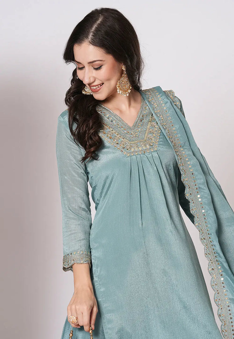 Sky Blue Chinon Readymade Sharara Suit