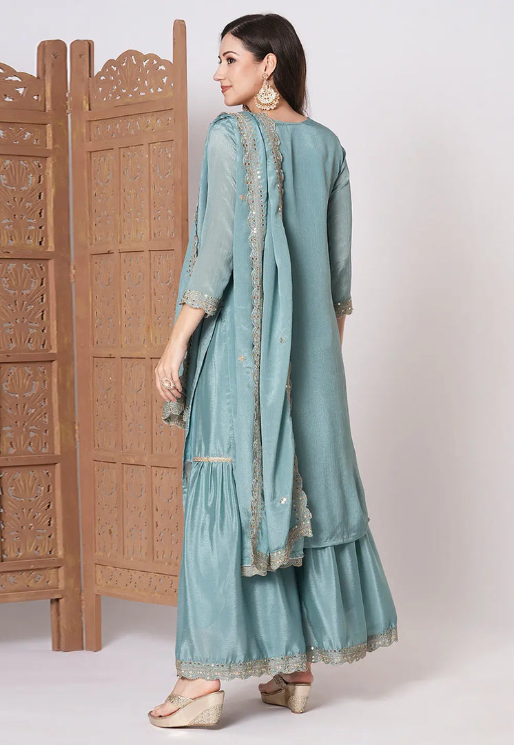 Sky Blue Chinon Readymade Sharara Suit