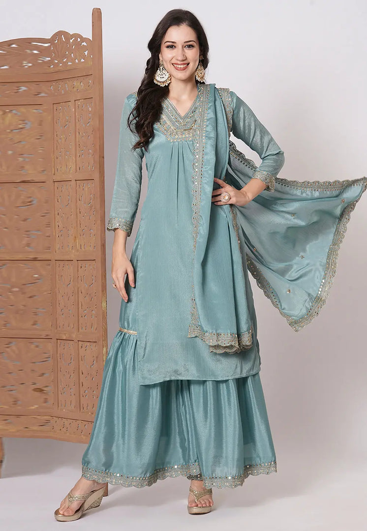 Sky Blue Chinon Readymade Sharara Suit