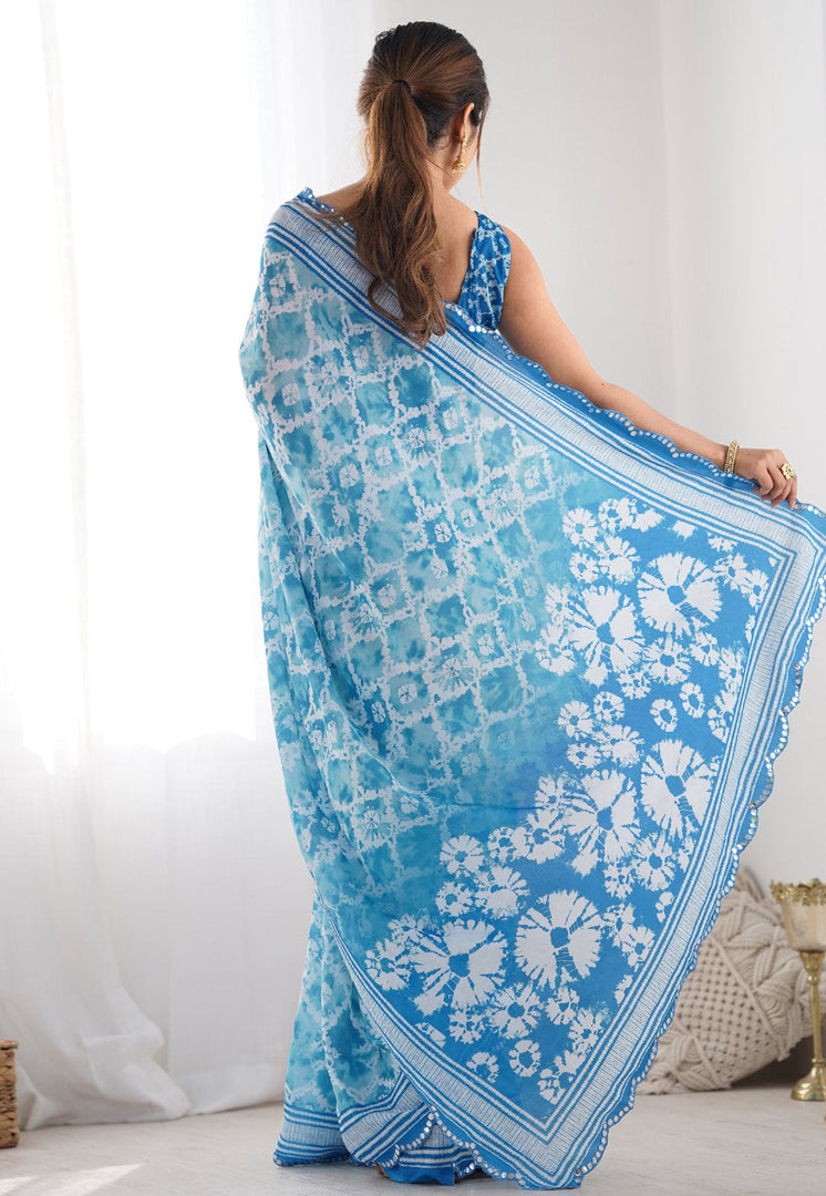 Sky Blue Chinon Saree With Blouse