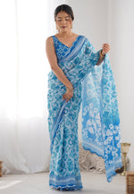 Load image into Gallery viewer, Sky Blue Chinon Saree With Blouse
