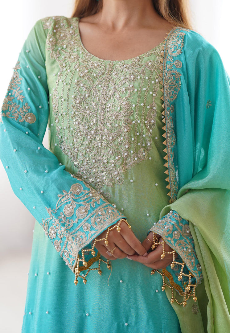 Sky Blue Chinon Silk Readymade Gharara Suit