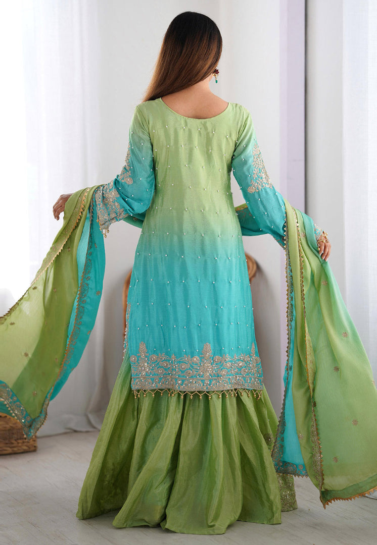 Sky Blue Chinon Silk Readymade Gharara Suit