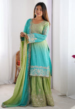 Load image into Gallery viewer, Sky Blue Chinon Silk Readymade Gharara Suit
