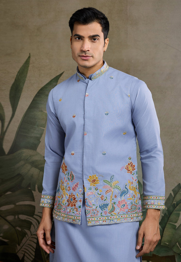 Sky Blue Cotton Kurta Pajama With Jacket