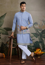Load image into Gallery viewer, Sky Blue Cotton Kurta Pajama With Jacket
