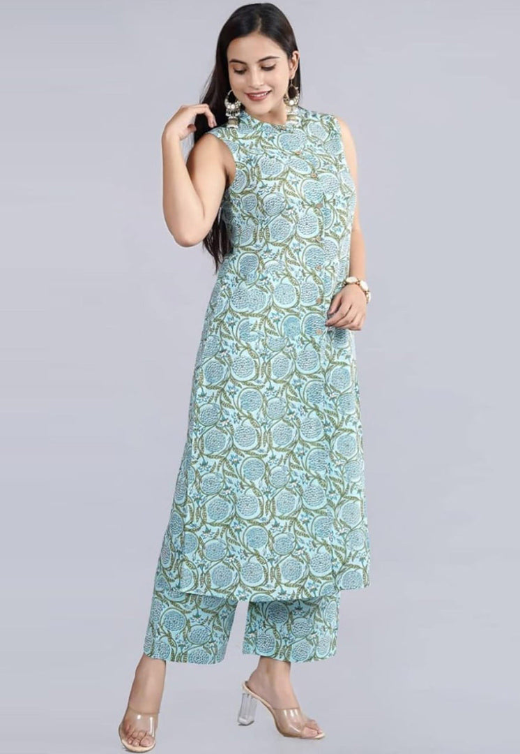 Sky Blue Cotton Kurta Set With Palazzo