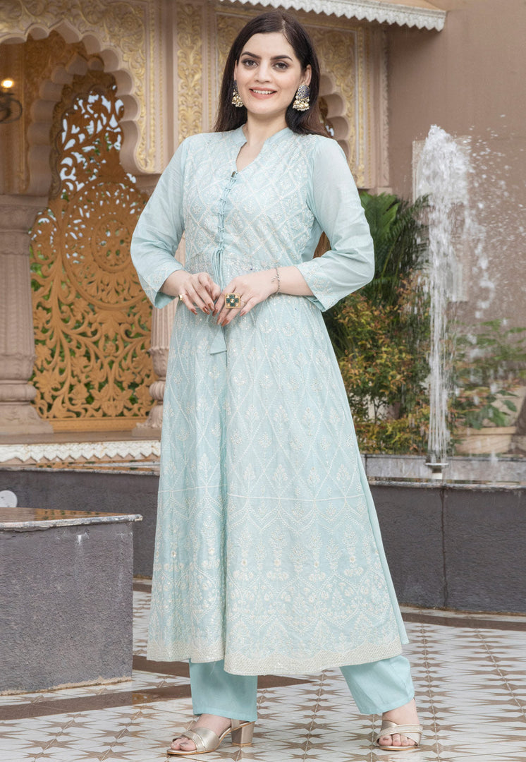 Sky Blue Cotton Kurta Set With Pant