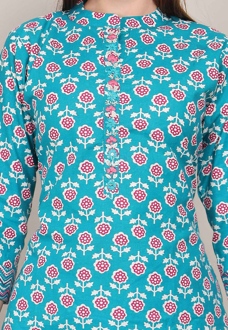 Sky Blue Cotton Kurta Set With Pant