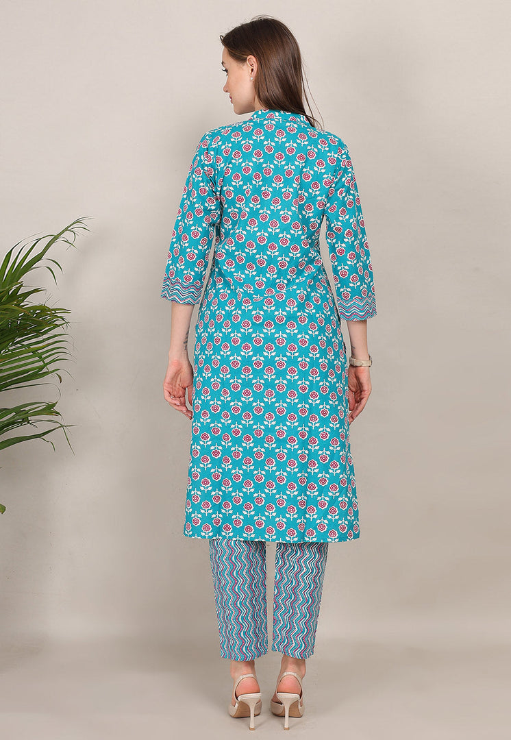 Sky Blue Cotton Kurta Set With Pant