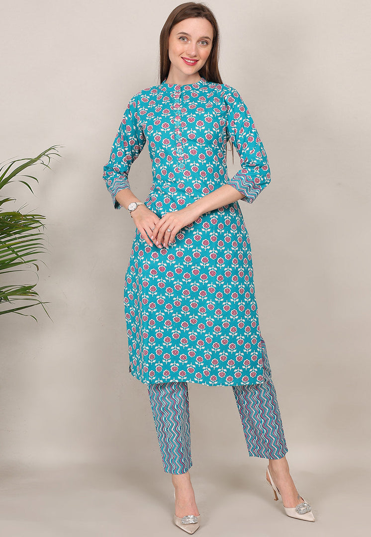 Sky Blue Cotton Kurta Set With Pant