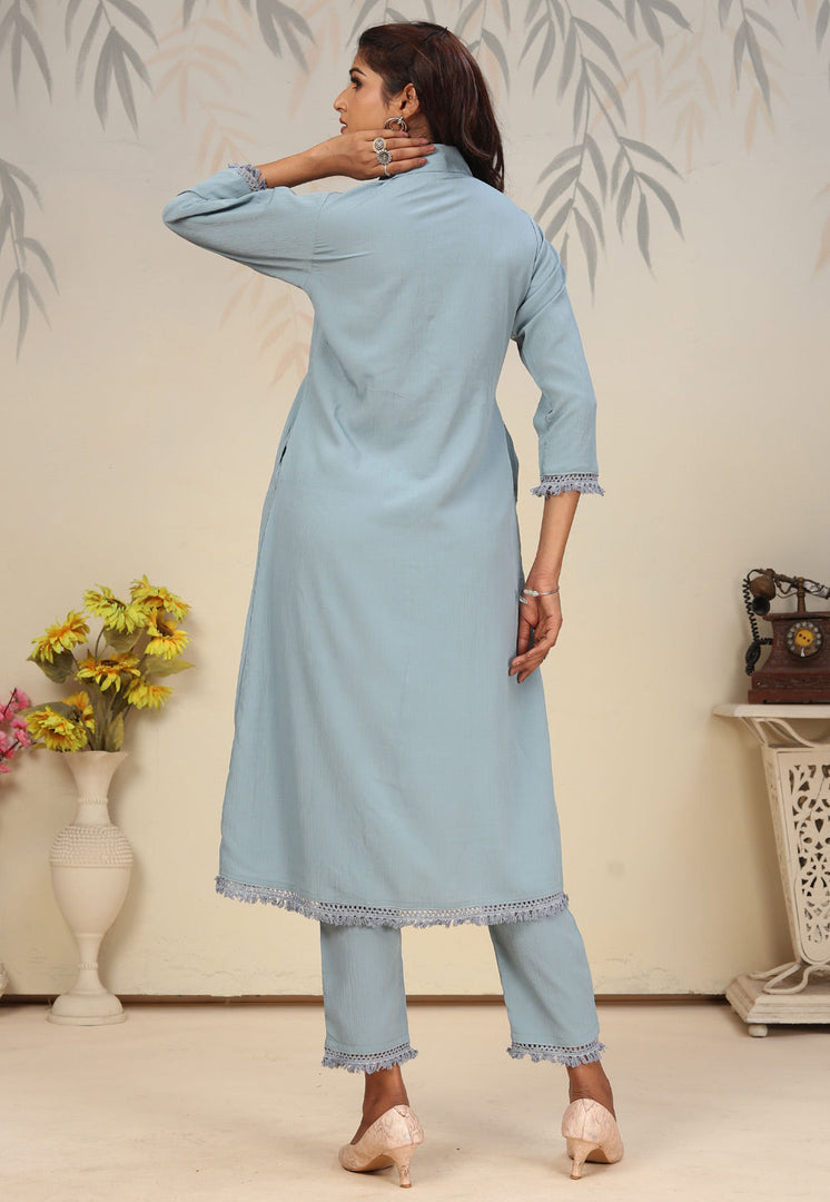 Sky Blue Cotton Kurta Set With Pant