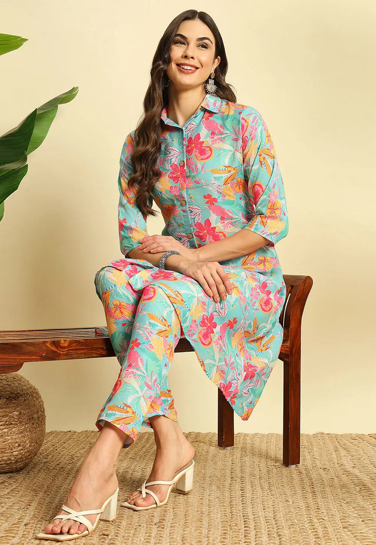 Sky Blue Cotton Kurta Set With Pent
