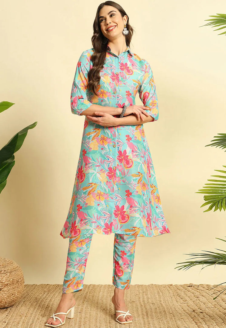 Sky Blue Cotton Kurta Set With Pent
