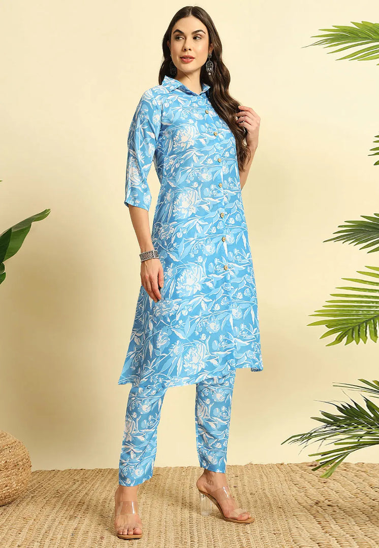Sky Blue Cotton Kurta Set With Pent