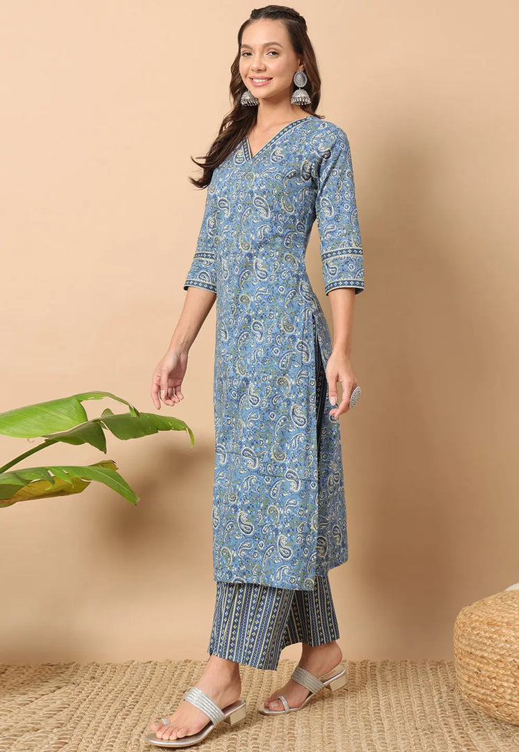 Sky Blue Cotton Kurta Set With Pent