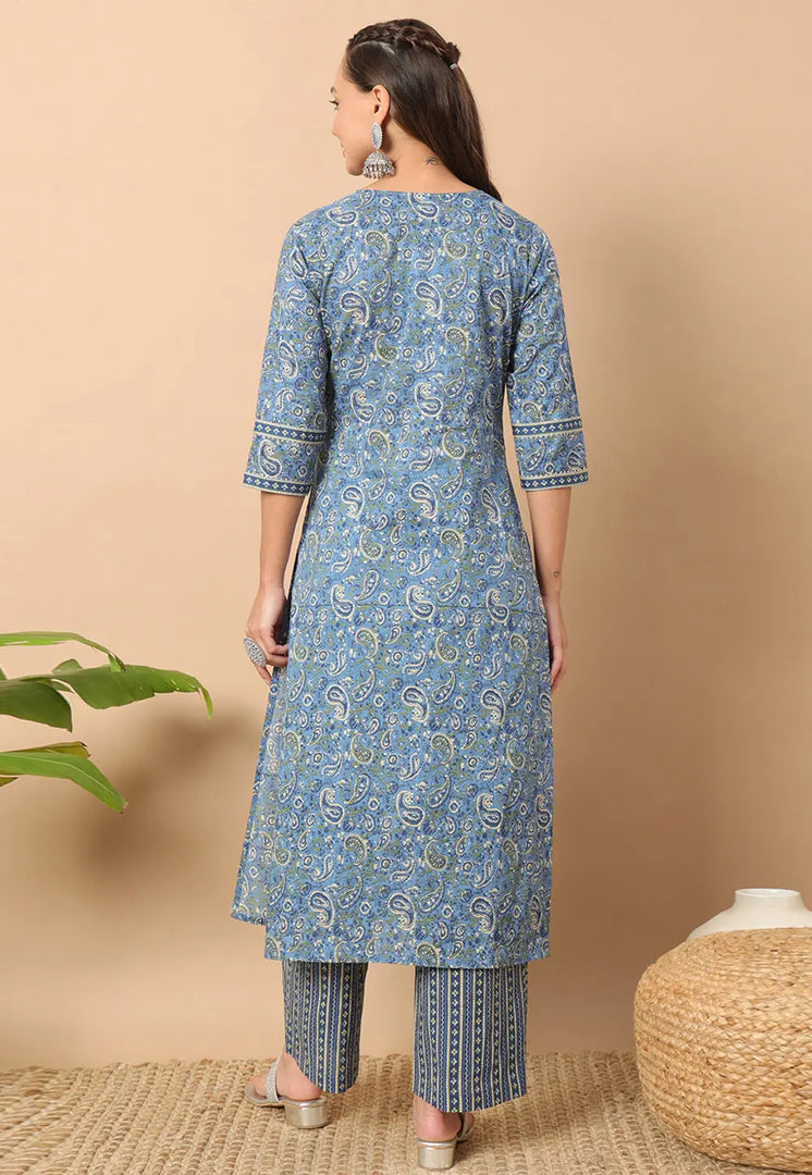 Sky Blue Cotton Kurta Set With Pent