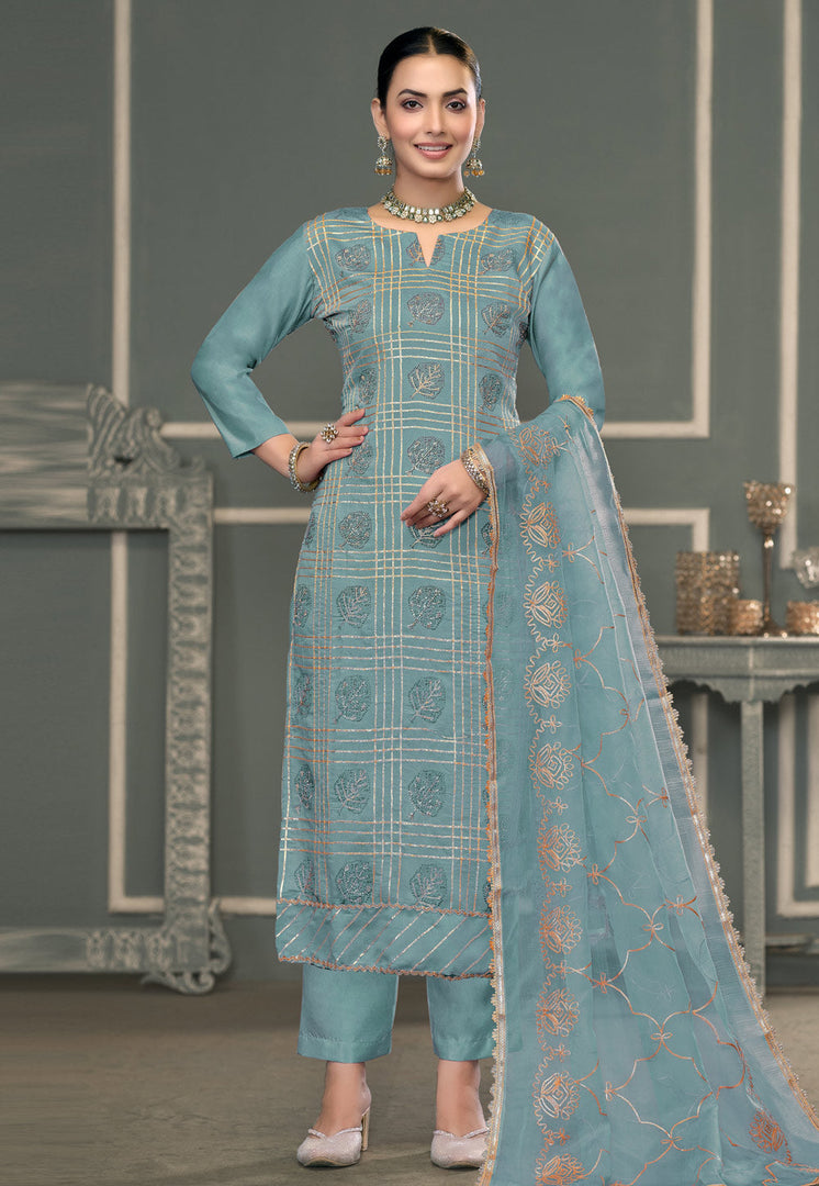 Sky Blue Cotton Pakistani Suit