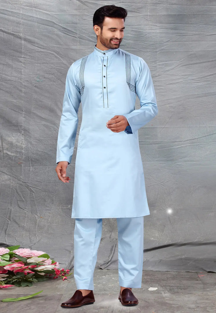 Sky Blue Cotton Pathani Suit