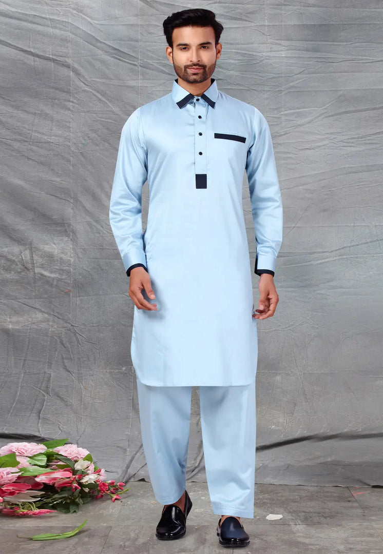 Sky Blue Cotton Pathani Suit