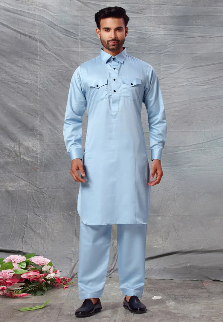 Sky Blue Cotton Pathani Suit