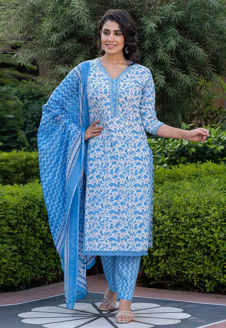 Sky Blue Cotton Readymade Pakistani Suit