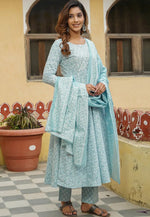 Load image into Gallery viewer, Sky Blue Cotton Readymade Pant Style Suit
