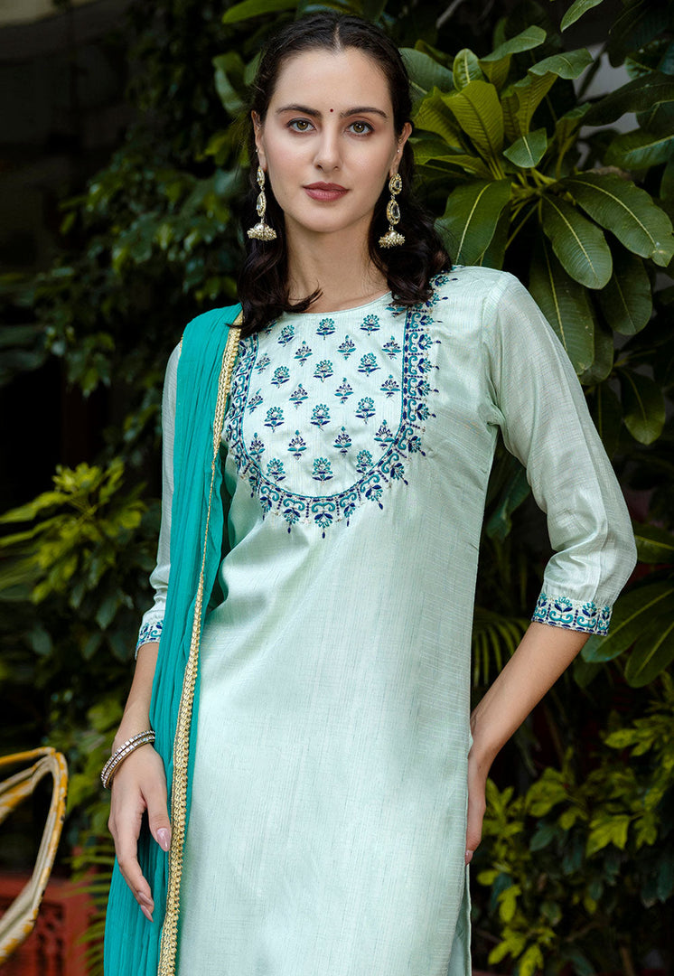 Sky Blue Cotton Silk Readymade Pakistani Suit