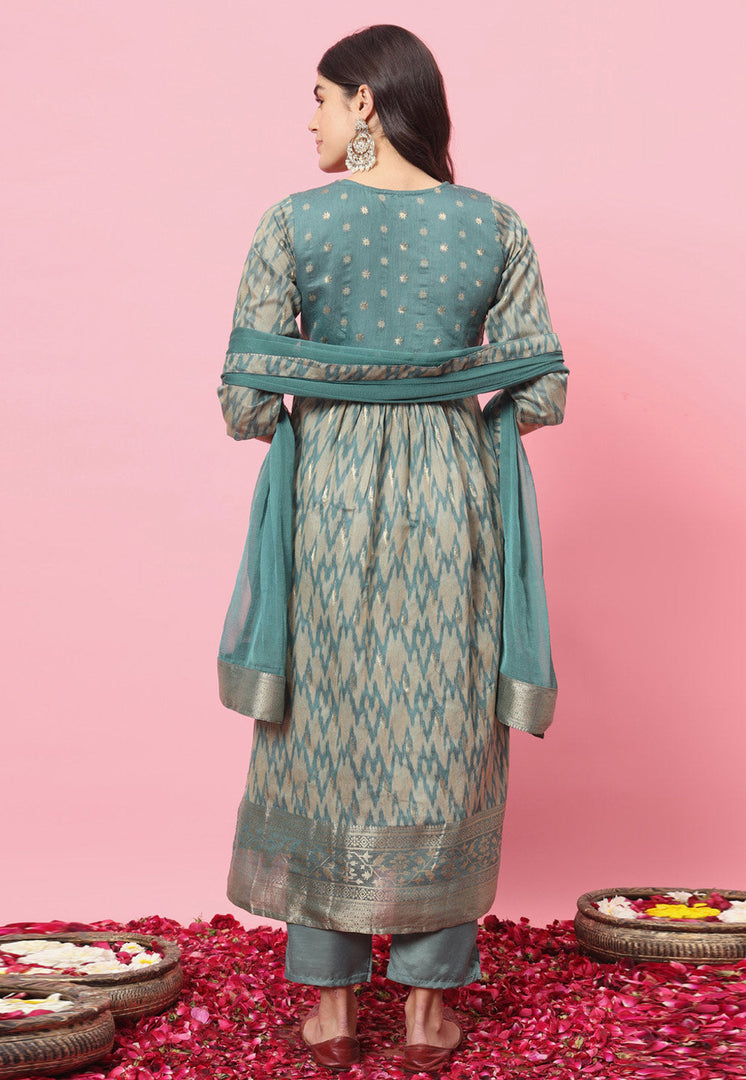 Sky Blue Cotton Silk Readymade Pant Style Suit