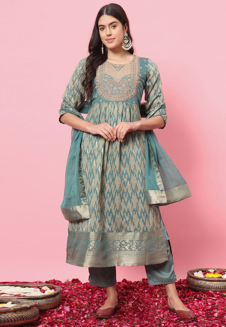 Sky Blue Cotton Silk Readymade Pant Style Suit