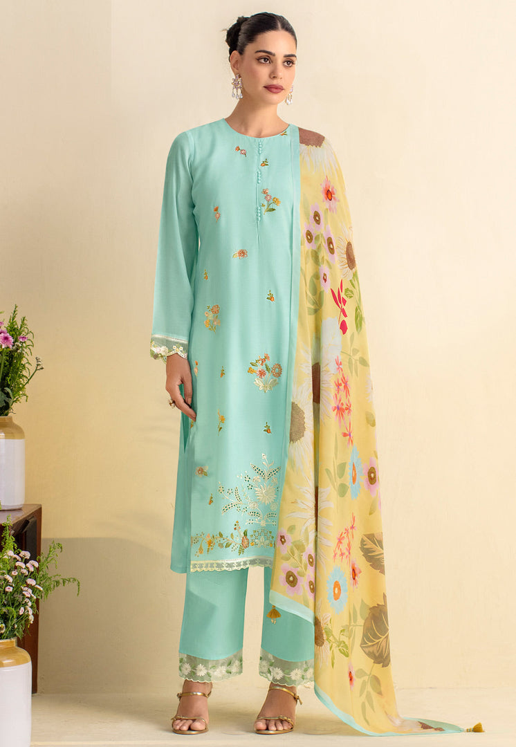 Sky Blue Cotton Straight Suit
