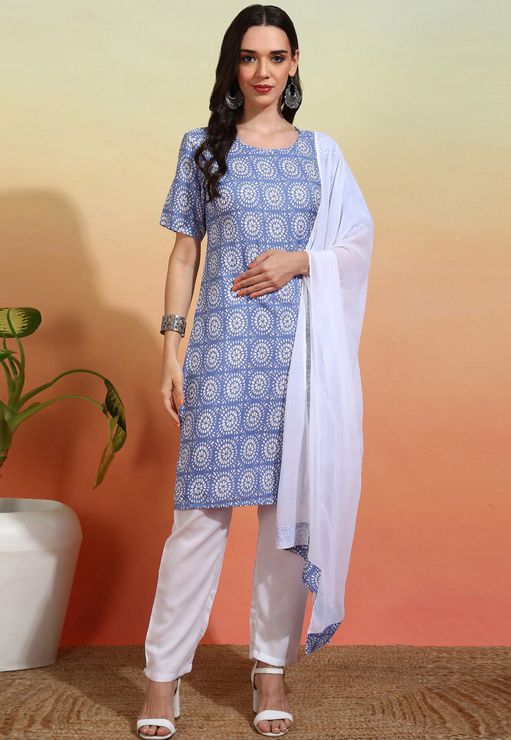 Sky Blue Crepe Readymade Pant Style Suit